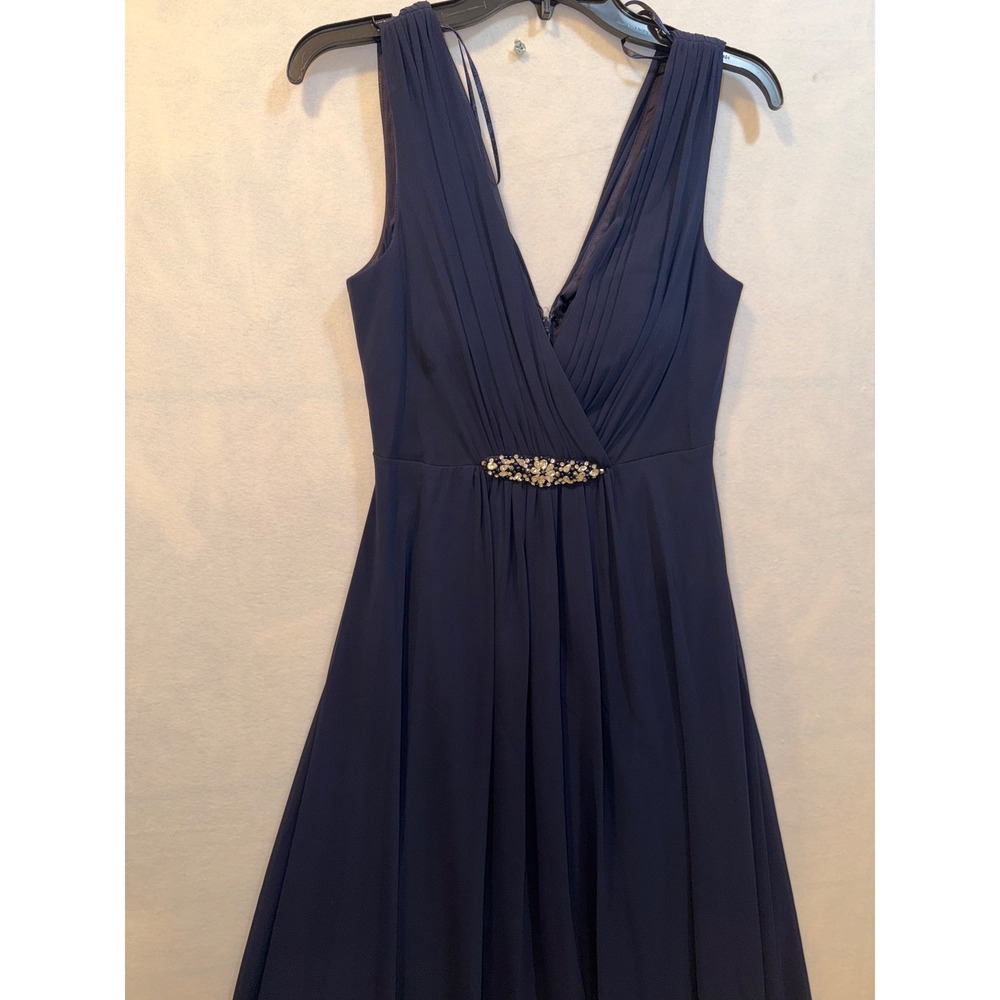 Eliza J Navy Blue Rhinestone Embellished V Neck High Low Chiffon Gown Size 8